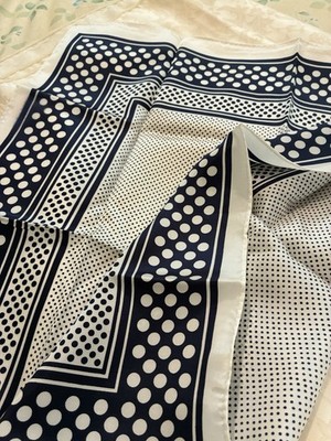 Vintage Navy&White Polka Dot Pattern Scarf Acetate Japan 22.5x23 In 60 s-70 s