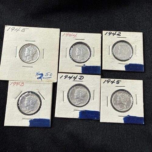 Lot Of 6 MS Mercury Dimes 1942-1945