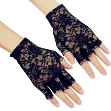 Women Wrist Length Lace Half Finger Gloves Black