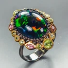 AA Quality 7 ct+ Natural Black Opal Ring 925 Sterling Silver Size 8 /R468254