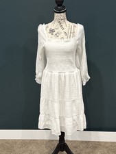 J. GEE White Smocked Boho Tiered Mini Dress - Square Neck Long Sleeve - Size M