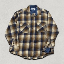 Sears Roebuck Shirt Mens XL Vintage Plaid Check Wool Western Button Up, Beige