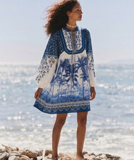 NWT FARM Rio Palm Tree Beach Linen Blend Mini Dress Off White Blue Size S $230