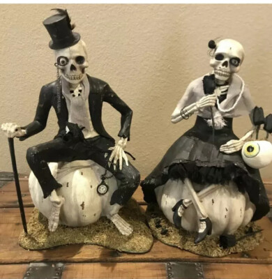 Bethany Lowe Halloween Mr. & Mrs Skeleton On a Pumpkin Set Of 2