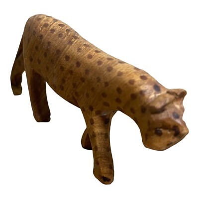 Artisan Crafted Figurine 2 Inch African Spotted Leopard Carved Wood Painted MCM