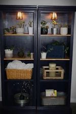 Solid Oak Lighted Shelving Units Blue and Light oak adjustable shelves