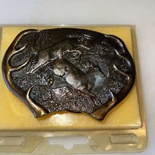 1977 Belt Buckle Whitetail Deer Antlers Buck & Doe USA Made Bergamot Brass Works