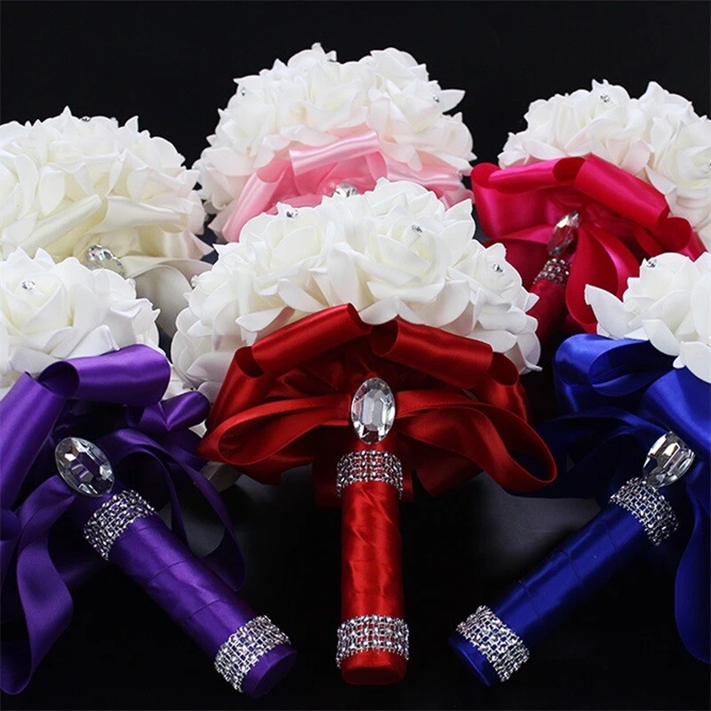Crystal Foam Roses Bridesmaid Wedding Bouquet Artificial Silk Bridal Bouquet - Image 3 of 4