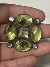 Yellow Green & Clear Rhinestones Geometric Brooch or Pendant Vintage