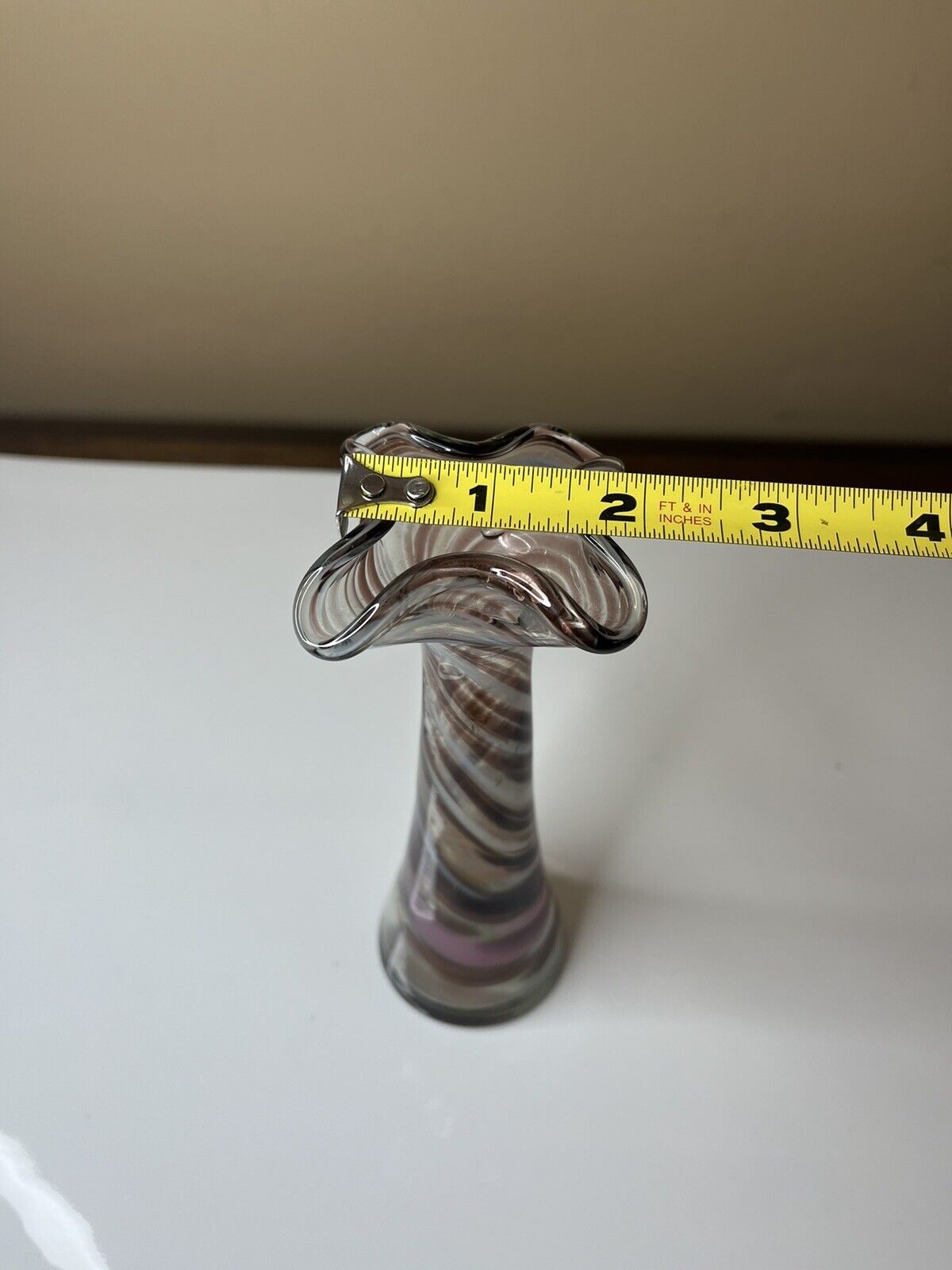 Vintage Hand Blown Glass Vase Scalloped Top  Amethyst Purple Swirl, 6.5" Tall