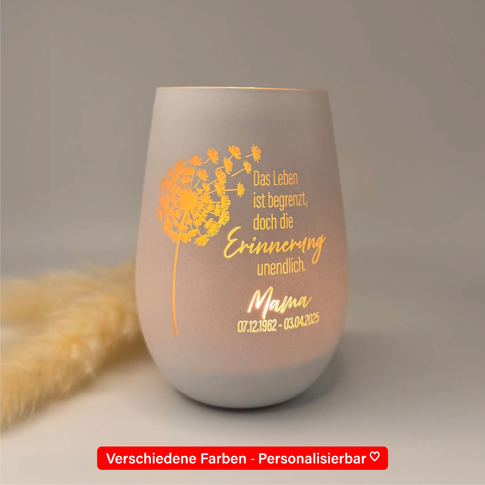 Windlicht mit Gravur personalisiert Trauerlicht Erinnerungslicht Pusteblume