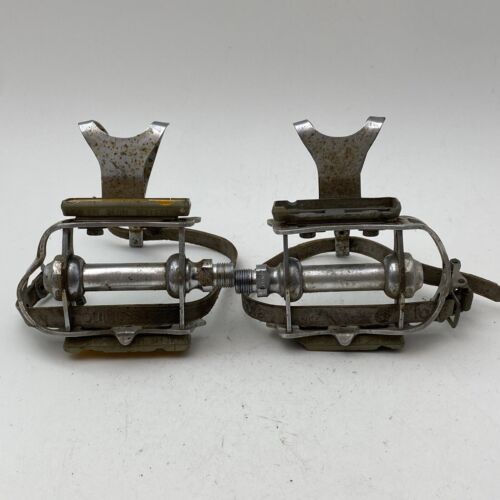 Vintage KKT TPA Pedals Road Bike 80s 9/16 in Silver Toe Clips Toutan Straps A10