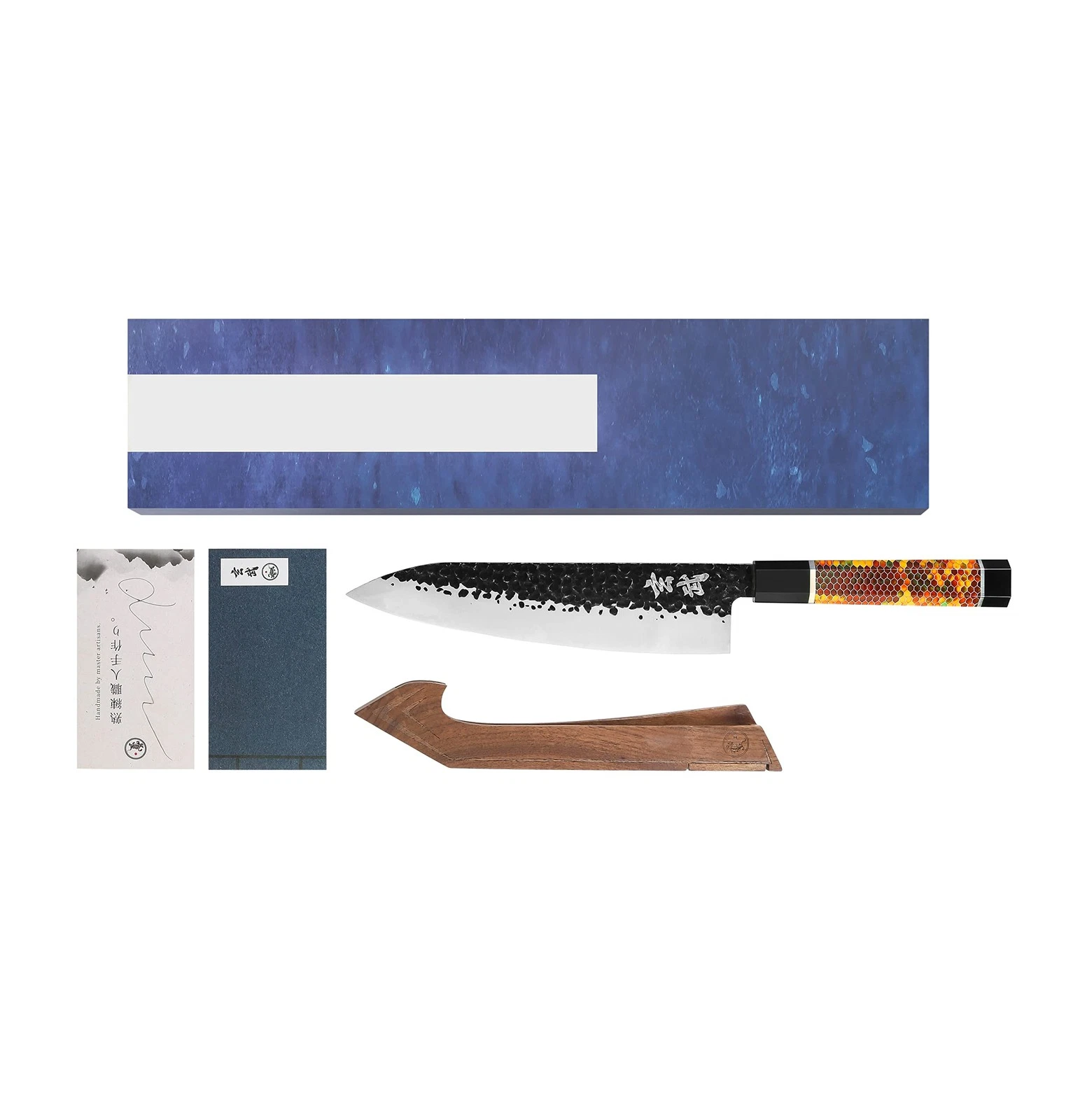 Genbu Traditional Japanese Chef's Raw Hammered Double Beveled 9CR18MOV Blade ...