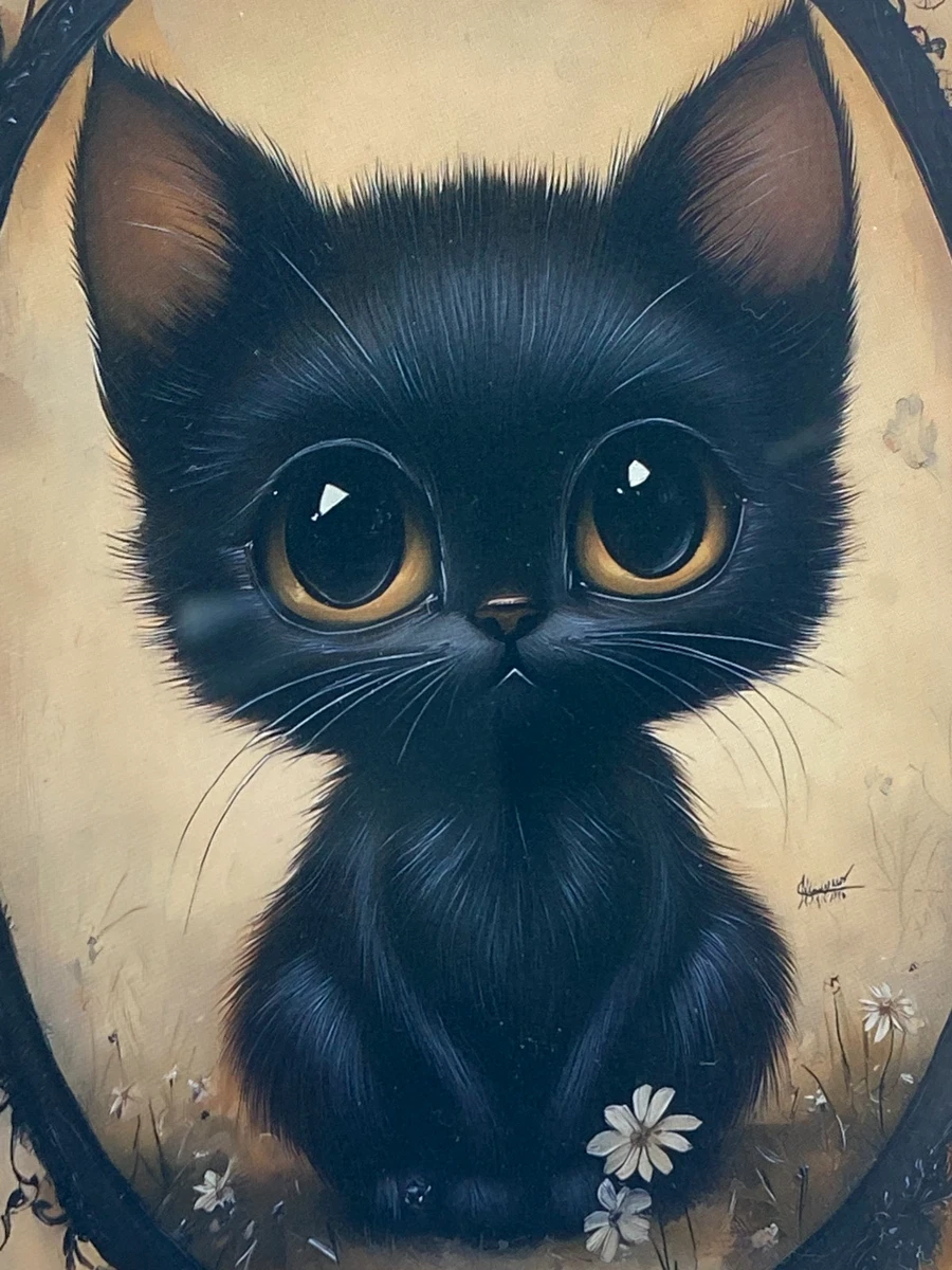 Gothic schwarze Katze gerahmte Kunst 8x6 gemischte Medien 3D Schleife Emaille Edelstein Rahmen süß Geschenk