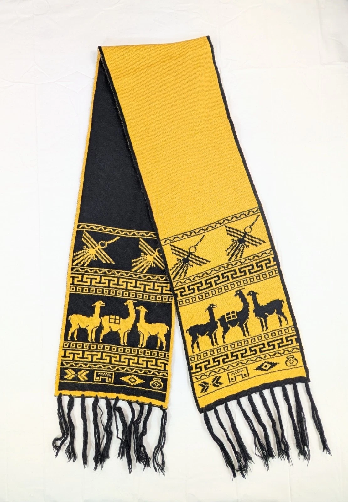 Yellow Black Reversible Soft Alpaca Scarf Peruvian Inca Pattern Textile