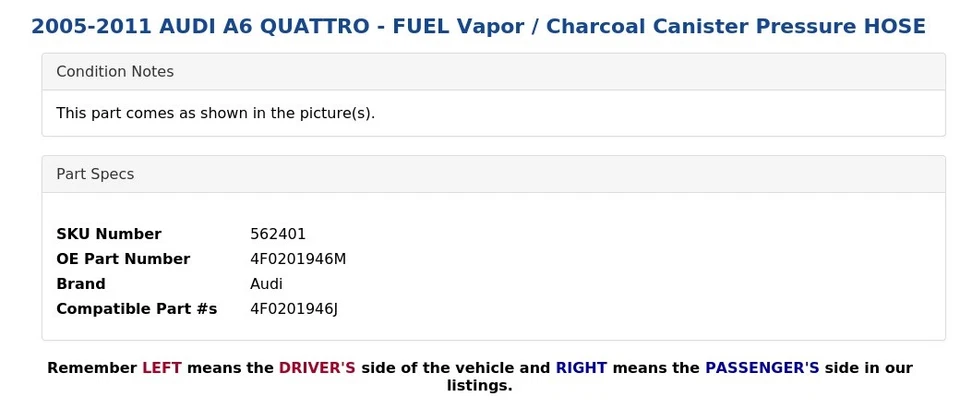 AUDI A6 QUATTRO 2005-2011 - Manguera de presión de bote de combustible/carbón Foto 4 de 4