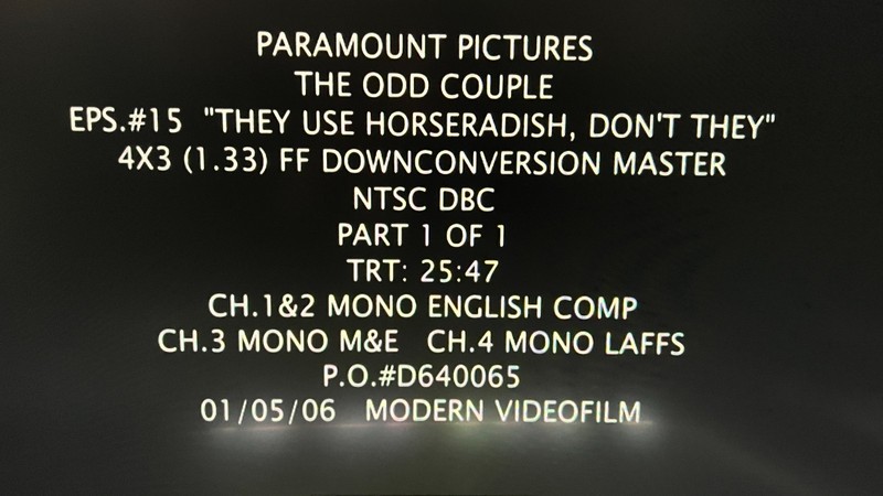 The Odd Couple Paramount Pictures Production Internal Screener Master DVD EP#15