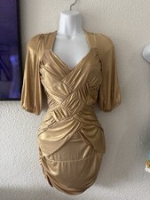 Gold Ruched Puff Sleeve Bodycon Dress V-Neck Tie Closure Short Party