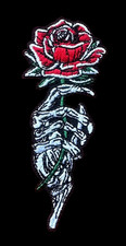Motorcycle Skull "Roses and Bones" iron on patch 3 7/8 x 1 5/8 inch