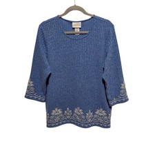 Alfred Dunner Pullover Top XL Business As Usual Border Medallion Embroidery Blue