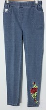 Quacker Factory Dream Jeannes Size XS Blue Floral Slim Leg Pull-On Embroidered
