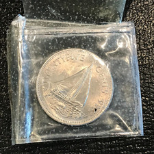UNC 1966 BAHAMAS ISLANDS SAILBOAT 25 CENTS COIN STILL IN ORIGINAL PLASTIC-MAR444