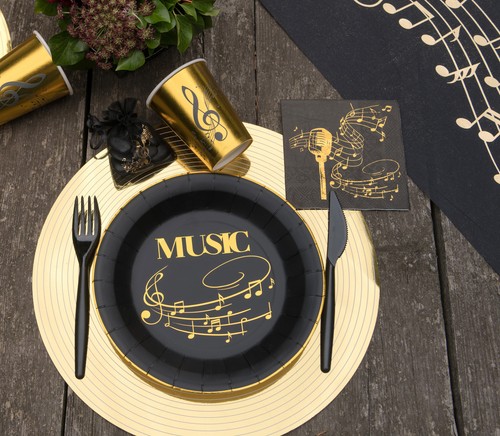 Music Party Paper Plates Black Gold Pop Classical Jazz Opera Hit List Notes x 10 - Picture 2 of 3