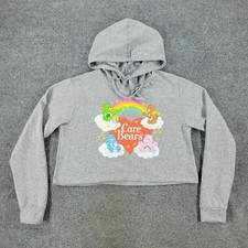 Care Bears Sweatshirt Women's Medium Gray Crop Top Graphic Pullover Hoodie Adult