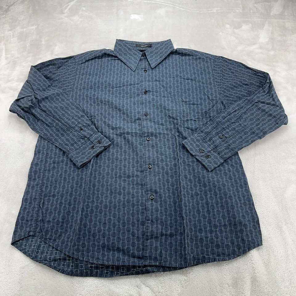 Camisa masculina Brandini grande L azul geométrica botão para cima casual manga longa colarinho - Imagem 2 de 4