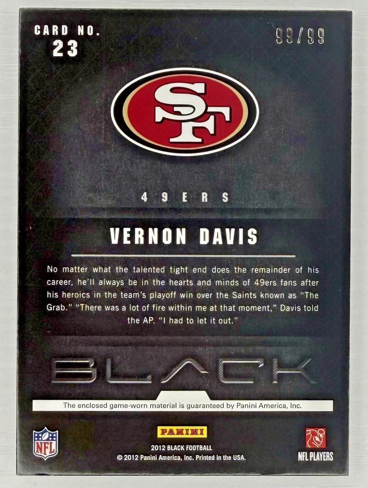 2012 Panini Black - Nfl Equipment Vernon Davis #23 /99 (MEM) - Image 2 of 2
