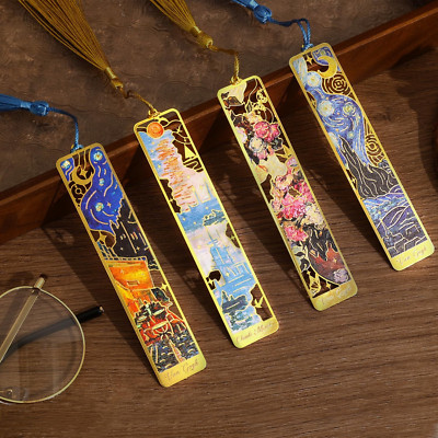4 Pieces Metal Bookmarks with Tassel, Golden Hollow Bookmark Monet Van Gogh Oil 