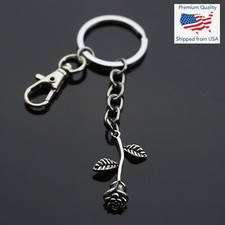 Beautiful 3D Rose Flower Petal Stem Charm Pendant Keychain Key Chain Clip Gift