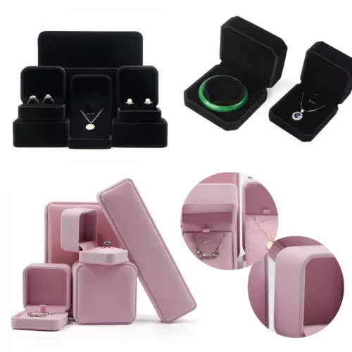 BLACK/PINK VELVET JEWELLERY BOX RING NECKLACE EARRINGS BRACELET GIFT BOX NEW