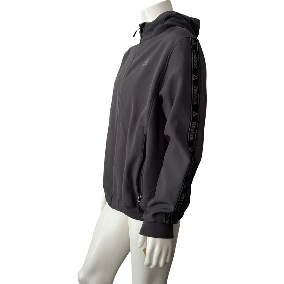 Jaquetas masculinas tamanho XL Reebok Outerwear tecido macio carvão zíper completo, capuz. - Imagem 2 de 4