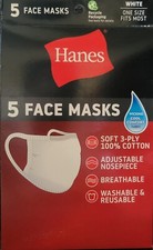 Face Mask - Hanes Cloth 5 Pack  100 Cotton Washable  Reusable  White New