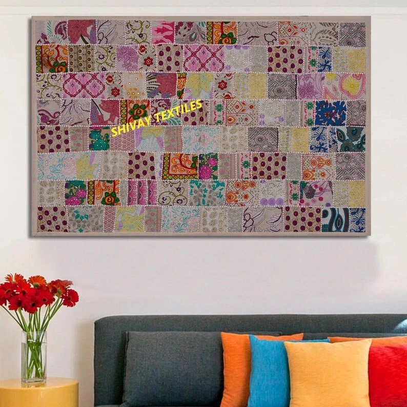 Tapeçaria bordada vintage com miçangas indianas decoração de parede 60X40 polegadas - Imagem 2 de 4