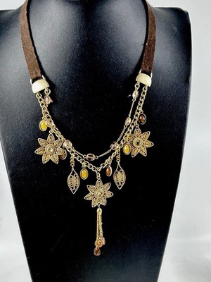 Mult Chain Goldton Flowers Amber Rhinestones & Beads Faux Leather Necklace 24''