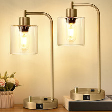 Industrial Table Lamps Set of 2 with USB Ports  Dimmable Glass Shade