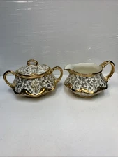 Vintage Homer Laughlin Karol China Karolyte 22KT Gold Sugar Creamer Set Lid USA