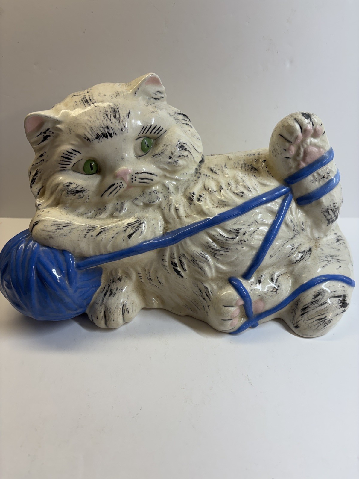 Large Vintage 1970s White Ceramic Persian Cat Statue Green Eyes And Blue Yarn