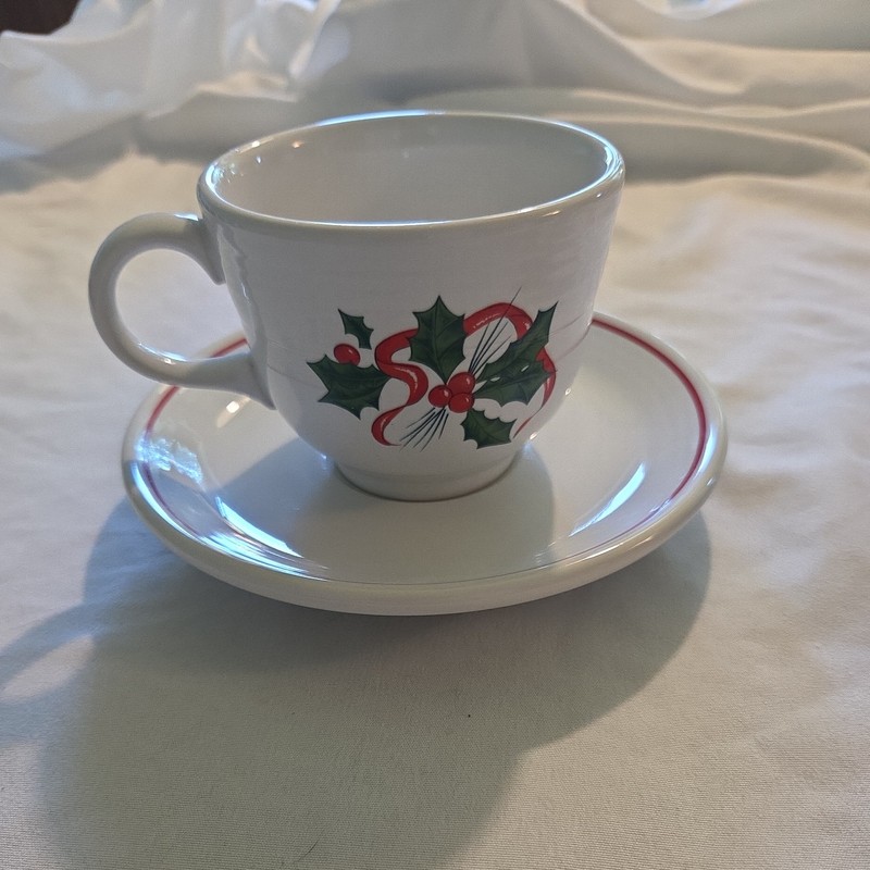 Fiesta tea cup and saucer - Holly and ribbon.