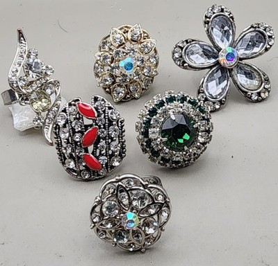 Unique Vintage Rhinestone Adjustable Ring Lot 6 Statement Cocktail Rings Bling