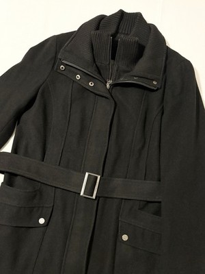 Calvin Klein Winter Coat Jacket Wool Belt Womens 12 Black Trench Neck Warmer