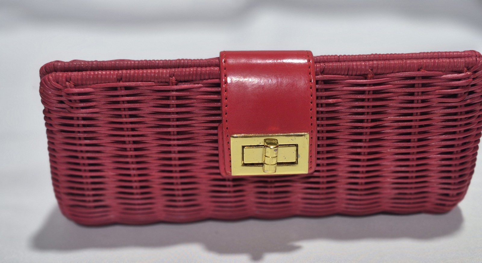J.CREW Havana Wicker Leather Clutch Small Bright Red Gold Hardware Rattan Purse