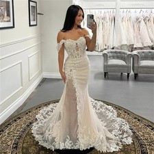Mermaid Wedding Dress Lace Appliques Slit Tulle Off The Shoulder Bridal Gown