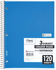 Spiral Notebook, 3 Subject, College Ruled Paper, 8" X 11", 120 Sheets, Color Wil