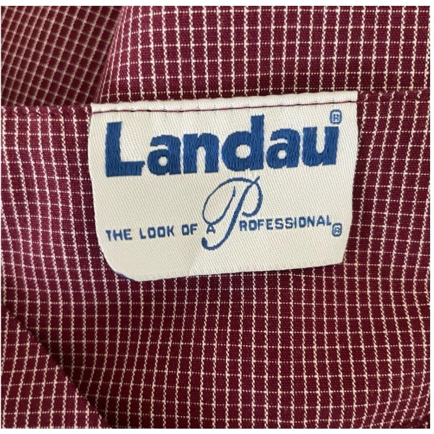 Landau Womens Scrub Top M Burgundy Check V-Neck 2 Pocket Medical Uniform Nurse - Image 2 of 4