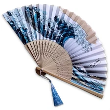 Kanagawa Sea Waves Retro Bamboo Handheld Fan Elegant Gift For Her