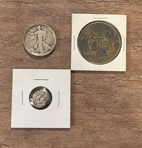 Mixed Silver Lot: 1923-D Peace dollar, 1942 Walker, 8 gms .999 fine silver ingot