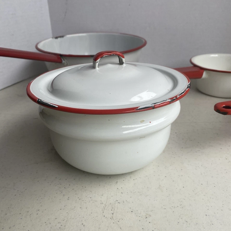 Vintage White w/Red Trim Enamelware LOT pots pans Crock Cookware Set Kitschy - Image 2 of 4